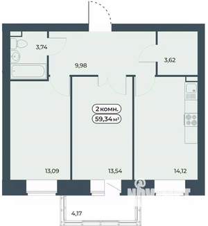 2-к квартира, строящийся дом, 59м2, 7/9 этаж