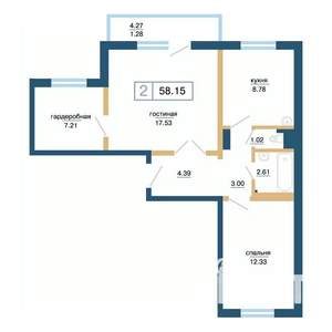 2-к квартира, вторичка, 58м2, 14/17 этаж