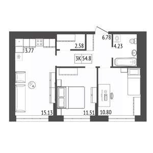 3-к квартира, строящийся дом, 55м2, 16/17 этаж
