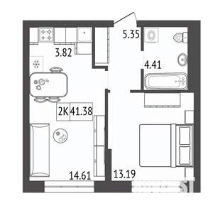 2-к квартира, строящийся дом, 41м2, 15/17 этаж