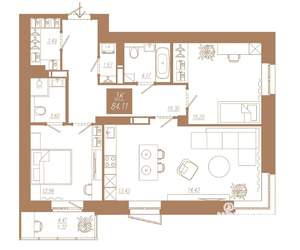 3-к квартира, строящийся дом, 84м2, 10/23 этаж