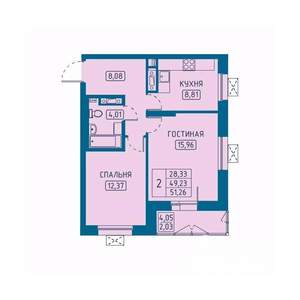 2-к квартира, вторичка, 51м2, 13/20 этаж