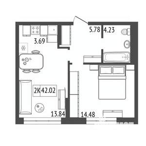 2-к квартира, вторичка, 42м2, 6/17 этаж