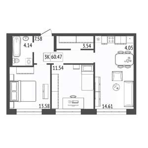 3-к квартира, строящийся дом, 60м2, 12/17 этаж