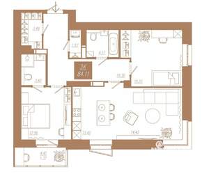 3-к квартира, строящийся дом, 84м2, 19/23 этаж