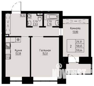 2-к квартира, строящийся дом, 60м2, 7/8 этаж