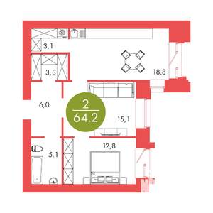 2-к квартира, строящийся дом, 64м2, 17/17 этаж