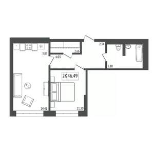 2-к квартира, вторичка, 46м2, 13/17 этаж