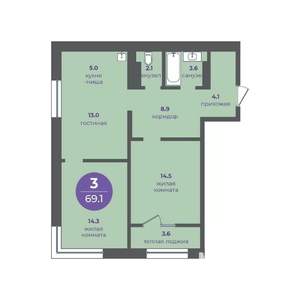3-к квартира, вторичка, 69м2, 22/24 этаж