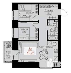 2-к квартира, строящийся дом, 52м2, 13/17 этаж