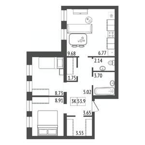3-к квартира, строящийся дом, 54м2, 14/17 этаж