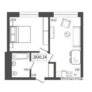 2-к квартира, строящийся дом, 41м2, 13/17 этаж
