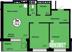 3-к квартира, строящийся дом, 72м2, 15/19 этаж