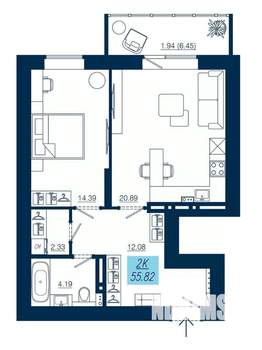 2-к квартира, строящийся дом, 56м2, 16/19 этаж