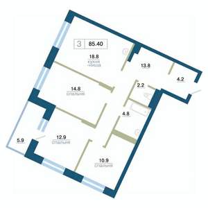 3-к квартира, строящийся дом, 85м2, 16/24 этаж