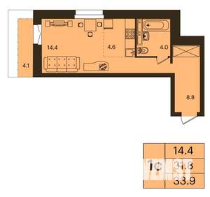 1-к квартира, строящийся дом, 34м2, 3/16 этаж