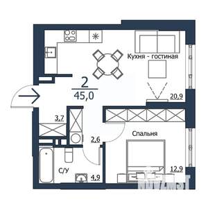 2-к квартира, строящийся дом, 45м2, 20/23 этаж