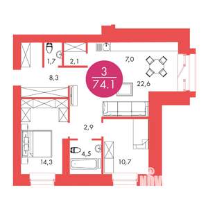 3-к квартира, строящийся дом, 74м2, 6/17 этаж