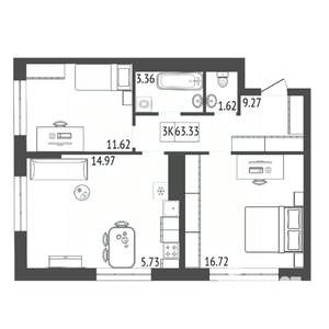 3-к квартира, строящийся дом, 63м2, 5/17 этаж