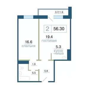 2-к квартира, строящийся дом, 56м2, 10/17 этаж