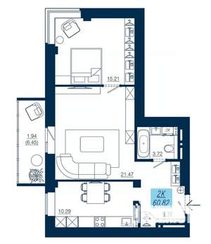 2-к квартира, вторичка, 61м2, 10/19 этаж