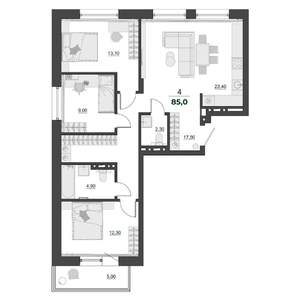 4-к квартира, вторичка, 85м2, 3/9 этаж