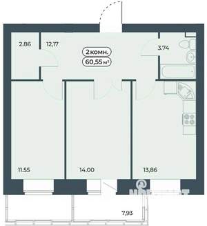 2-к квартира, строящийся дом, 61м2, 2/9 этаж