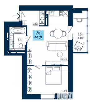 1-к квартира, строящийся дом, 44м2, 18/19 этаж