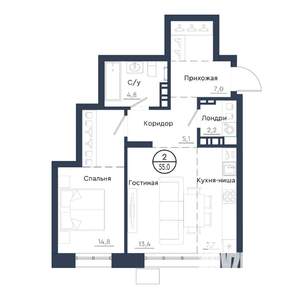 2-к квартира, вторичка, 55м2, 22/23 этаж