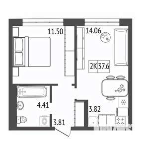 2-к квартира, строящийся дом, 38м2, 11/17 этаж