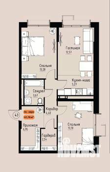 3-к квартира, вторичка, 62м2, 7/17 этаж
