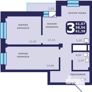 3-к квартира, вторичка, 61м2, 16/25 этаж