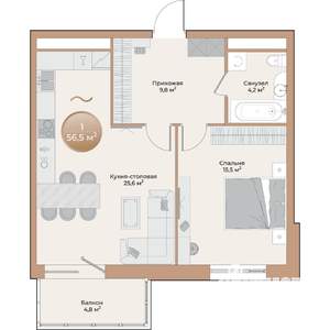 1-к квартира, вторичка, 57м2, 11/24 этаж