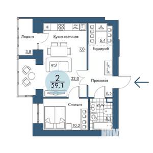 2-к квартира, строящийся дом, 59м2, 16/17 этаж