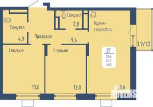 2-к квартира, строящийся дом, 69м2, 6/15 этаж
