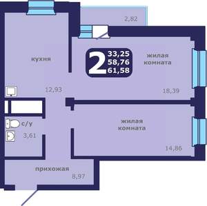 2-к квартира, вторичка, 62м2, 14/25 этаж