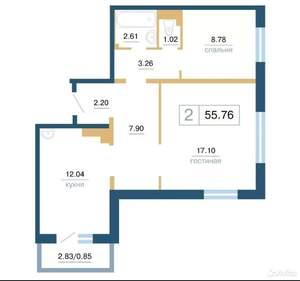 2-к квартира, вторичка, 55м2, 13/17 этаж