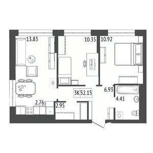 3-к квартира, вторичка, 52м2, 2/17 этаж