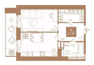 1-к квартира, строящийся дом, 44м2, 14/23 этаж