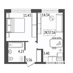 2-к квартира, строящийся дом, 37м2, 17/17 этаж