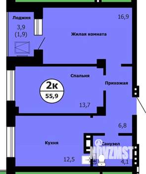 2-к квартира, строящийся дом, 57м2, 25/26 этаж