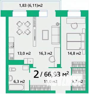 2-к квартира, строящийся дом, 67м2, 3/9 этаж