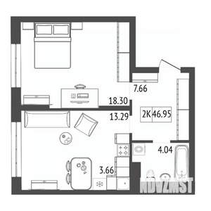 2-к квартира, вторичка, 47м2, 10/17 этаж