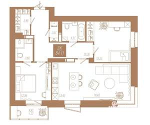 3-к квартира, строящийся дом, 84м2, 16/23 этаж