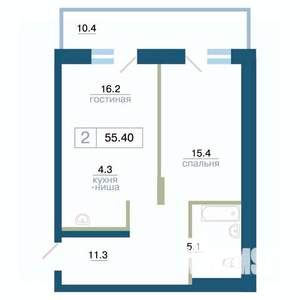 2-к квартира, строящийся дом, 55м2, 21/24 этаж