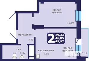 2-к квартира, строящийся дом, 50м2, 23/25 этаж