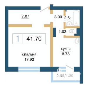 1-к квартира, строящийся дом, 42м2, 4/17 этаж