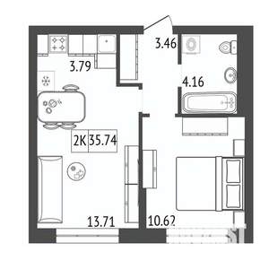 2-к квартира, строящийся дом, 36м2, 2/17 этаж