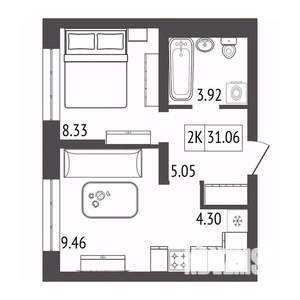 2-к квартира, строящийся дом, 31м2, 2/17 этаж