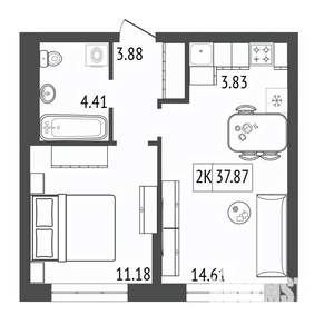 2-к квартира, строящийся дом, 38м2, 3/17 этаж